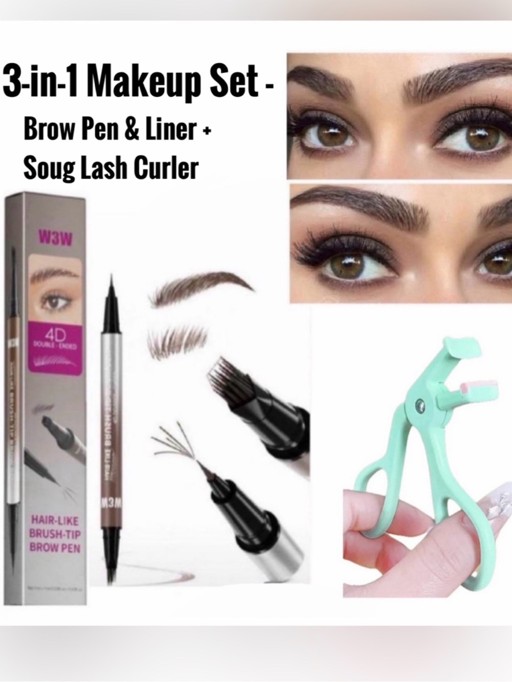3-in-1 Makeup Set Brow Pen & Liner + Soug Lash Curler